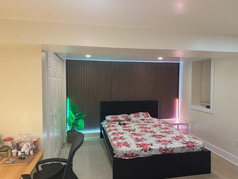 Unfinished Basement Turned Full Living Space with Bedroom, Kitchen, and Movie Area image