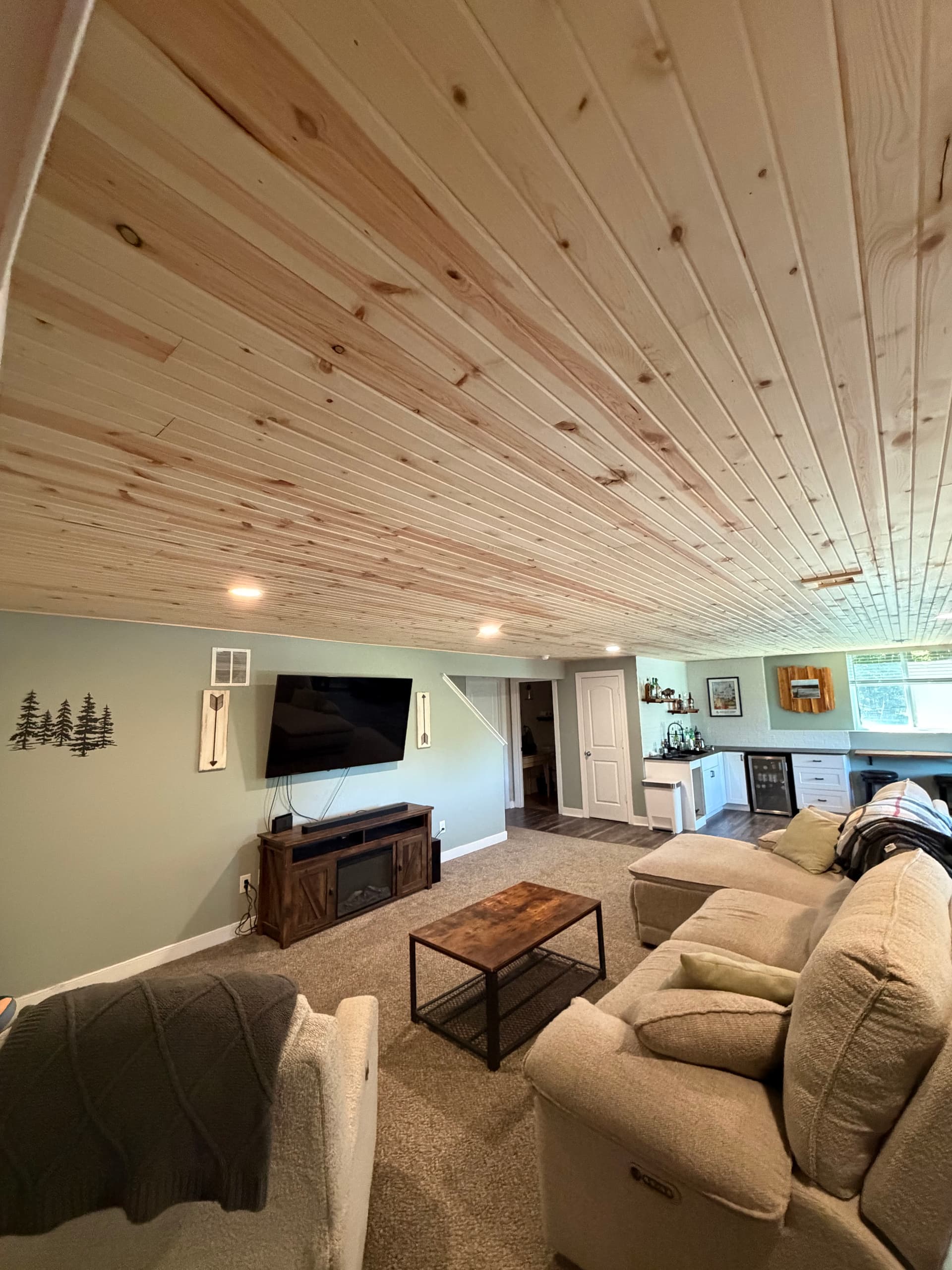 Gallery photos for Knotty Pine Tongue-and-Groove Ceiling Finished Basement in Fenton: Image #2